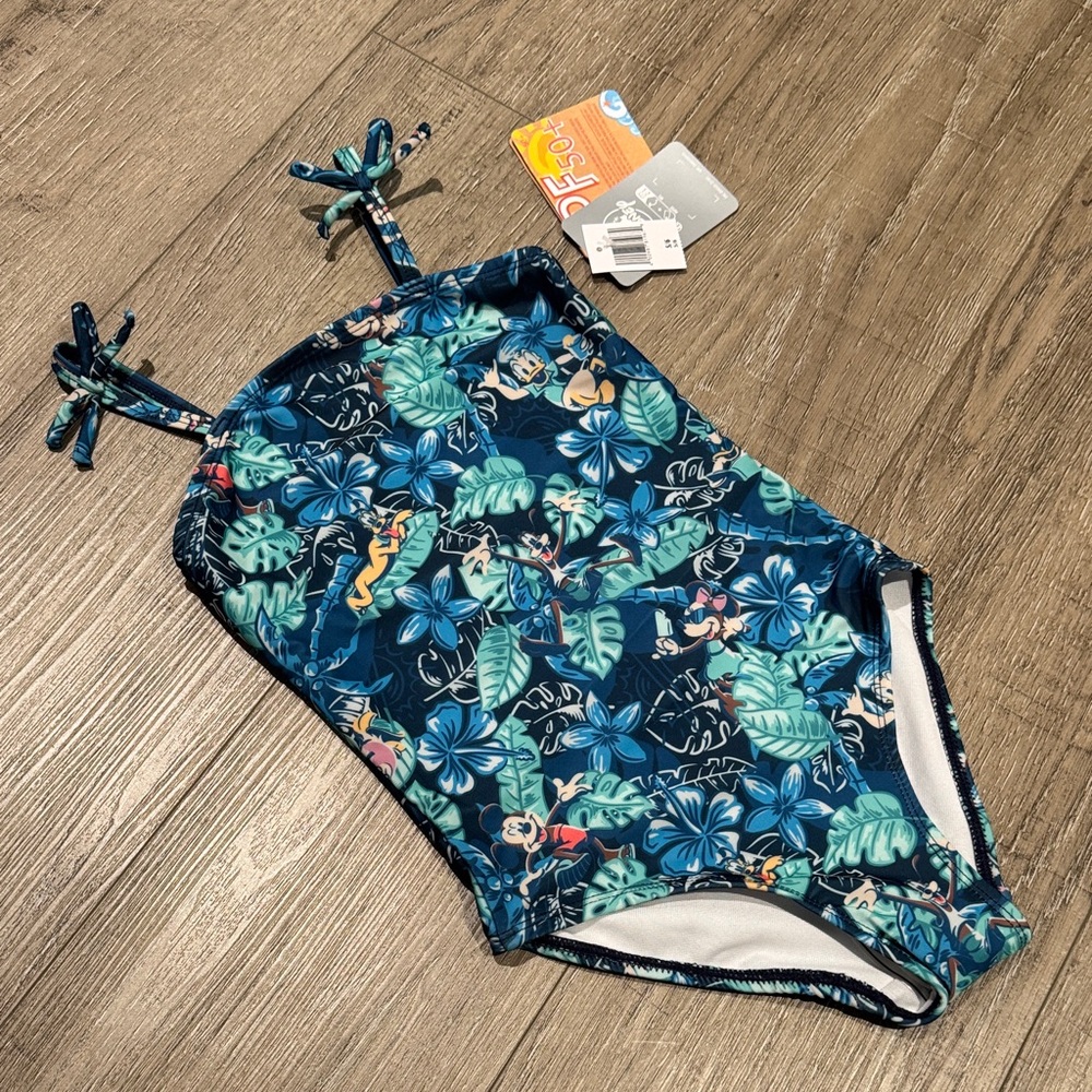 NWT Disney Girls Navy Tropical Floral One-Piece Swimsuit